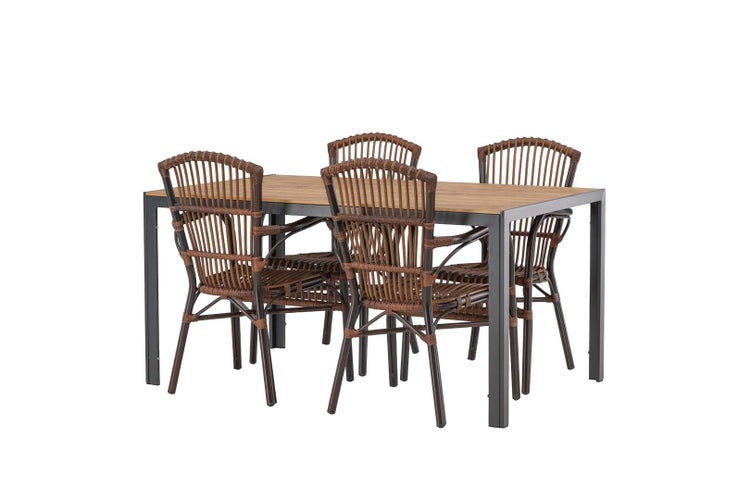 Gartentischset mit vier Rattan Stühlen und Tisch mit Holzplatte und Metallgestell