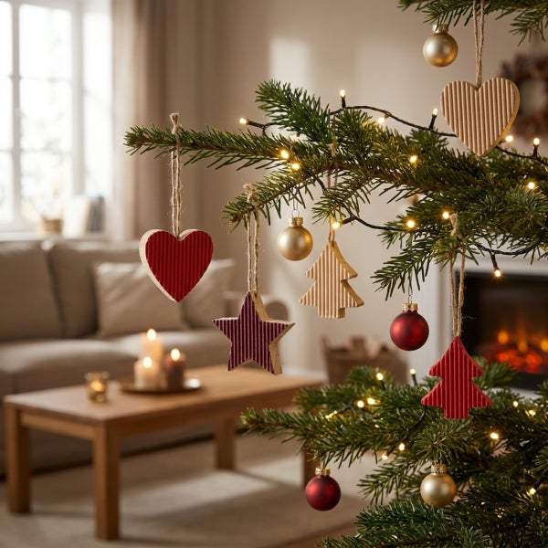 Weihnachtsbaum mit Anhängern aus Wellpappe in Herz-, Stern- und Tannenbaumform sowie klassischen Kugeln im gemütlichen Wohnzimmer