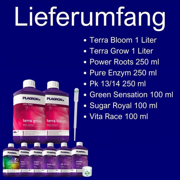 Plagron Düngemittel Set mit Terra Bloom, Terra Grow, Power Roots, Pure Enzym, Pk 13/14, Green Sensation, Sugar Royal und Vita Race