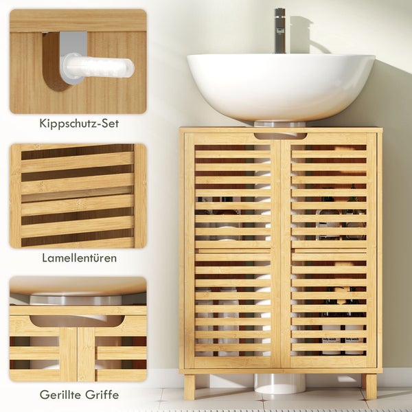 Waschbeckenunterschrank aus Bambus mit Lamellentüren und Kippschutz-Set