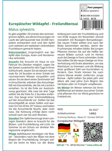 SAFLAX  - Europäischer Wildapfel - Malus sylvestris - 30 Samen