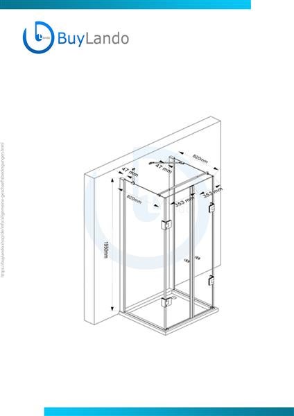 Technische Zeichnung einer Duschkabine mit Maßangaben