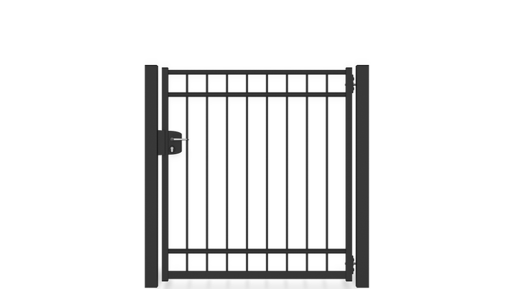 Gartentor ZAUNGURU BASIC-Linie Oldenburg aus Metall, Höhe: 143cm, Breite: 150cm, 1-flügelig inkl. Pfosten, Schloss und Zubehör, Feuerverzinkt und zusätzlich in RAL 7016 Anthrazitgrau pulverbeschichtet