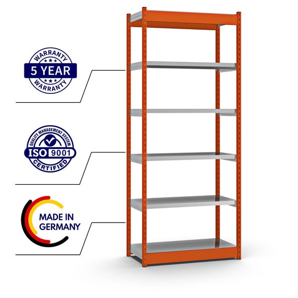PROREGAL Fachbodenregal Stecksystem Vierkant-Profil Grundregal HxBxT 250 x 102,5 x 40 cm 6 Ebenen Einseitige Bauart Fachlast 200 kg Orange