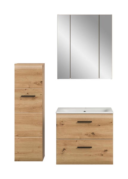 Badmöbel Set in Eichenoptik bestehend aus Hochschrank, Waschbeckenunterschrank mit Waschbecken und Spiegelschrank.