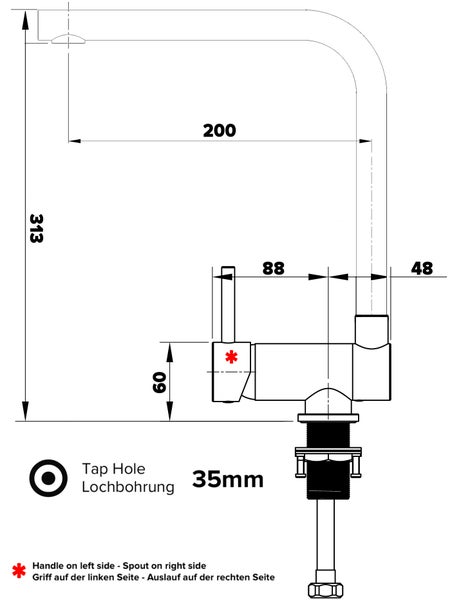 Wasserhahn Vorfenster Küchenarmatur, Umklappbar 6 CM, LINKER HEBEL, mit 360° schwenkbarem L-Auslauf, Verchromt / Zement Granit