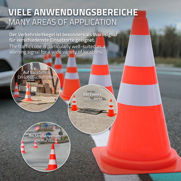 Verkehrsleitkegel als Warnsignal für verschiedene Einsatzorte wie Baustellen, Events und den Straßenverkehr.