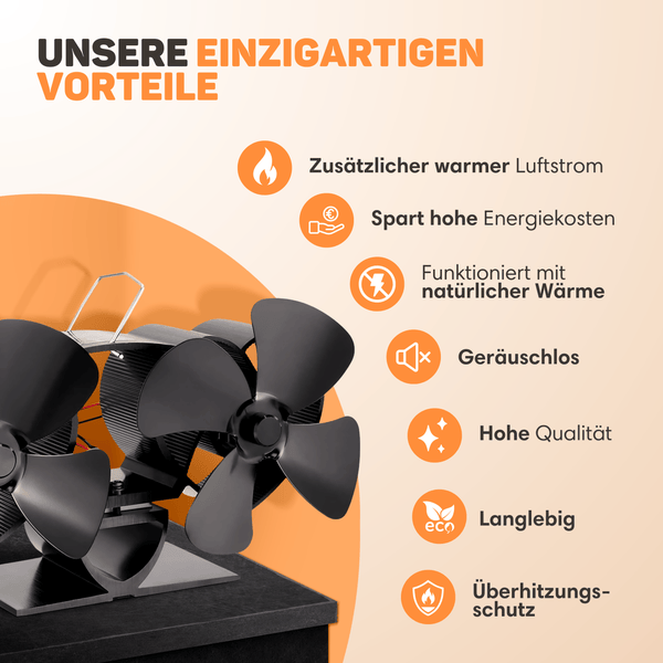 Vulpes Goods Kaminventilator - Für den Holzofen - Doppelter Wärmeventilator - Stromunabhängig - 8 Blätter - 2 Ventilatoren