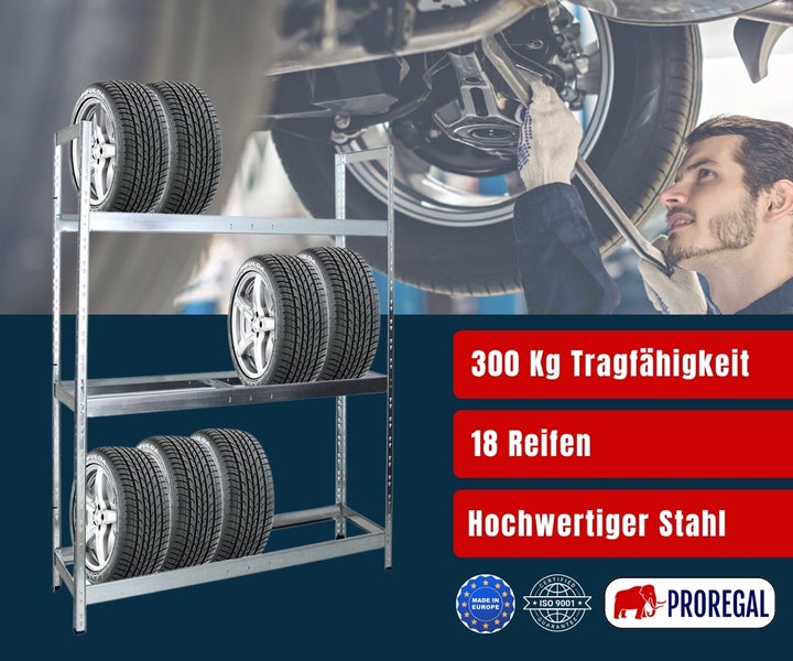 ProRegal Reifenregal aus hochwertigem Stahl für 18 Reifen, 300 Kilogramm Tragkraft. Made in Europe, ISO 9001 Siegel und ProRegal Logo.