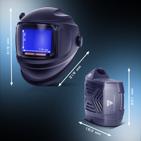 Schweisshelm mit den Massangaben sowie Gebläse und STAHLWERK Logo.