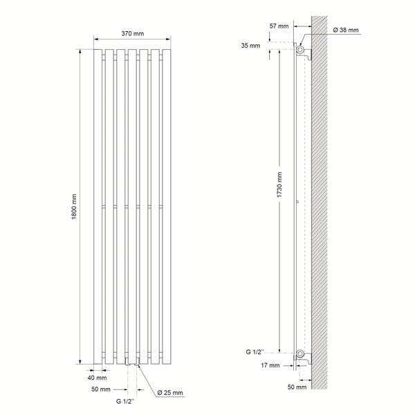 LuxeBath Designheizkörper Stella 1800 x 370 mm Anthrazit, Paneelheizkörper Mittelanschluss, Einlagig, Flach, Vertikal, Badheizkörper Röhrenheizkörper Flachheizkörper Badezimmer Heizung Bad Wandheizung