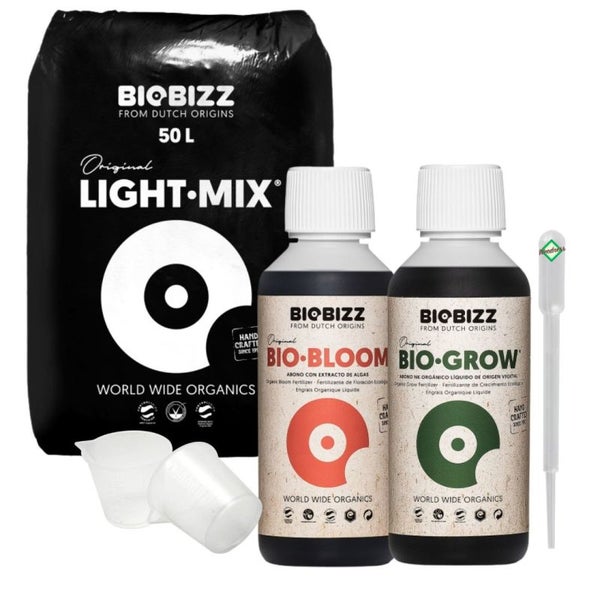 BioBizz Light Mix Erde-Set – 50L Bio-Erde + Bio Grow & Bio Bloom Dünger + Pipette – Komplettset für gesundes Pflanzenwachstum & starke Blüte