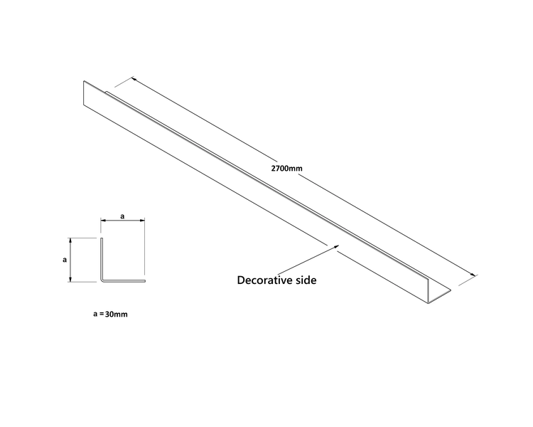 Abbildung eines Winkelprofils mit einer Länge von 2700 mm und einer Schenkellänge von 30 mm.
