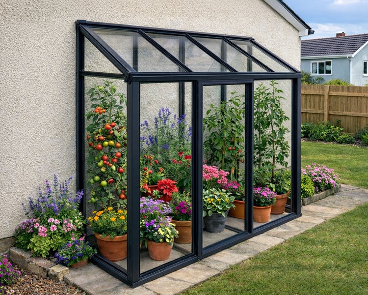 Schwarzes Anlehngewächshaus aus Metall und Glas an einer Hauswand, gefüllt mit Tomatenpflanzen und verschiedenen Blumen in Töpfen.