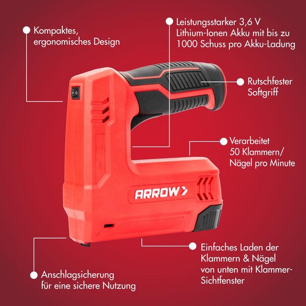 Arrow Akku-Tacker 3,6 Volt mit Softgriff, Lithium-Ionen-Akku, Anschlagsicherung und Bodenladesystem für Klammern und Nägel.