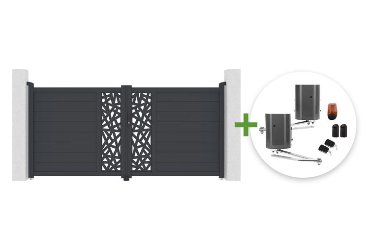 Zweiflügeliges Einfahrtstor aus Aluminium mit dekorativem Muster inklusive elektrischem Torantrieb Set.