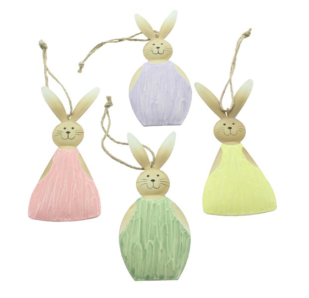 FRANK FLECHTWAREN|Hasenhänger Buntes Osterfest, 4er Set, 5,5 x 13 cm , METALL, JUTE