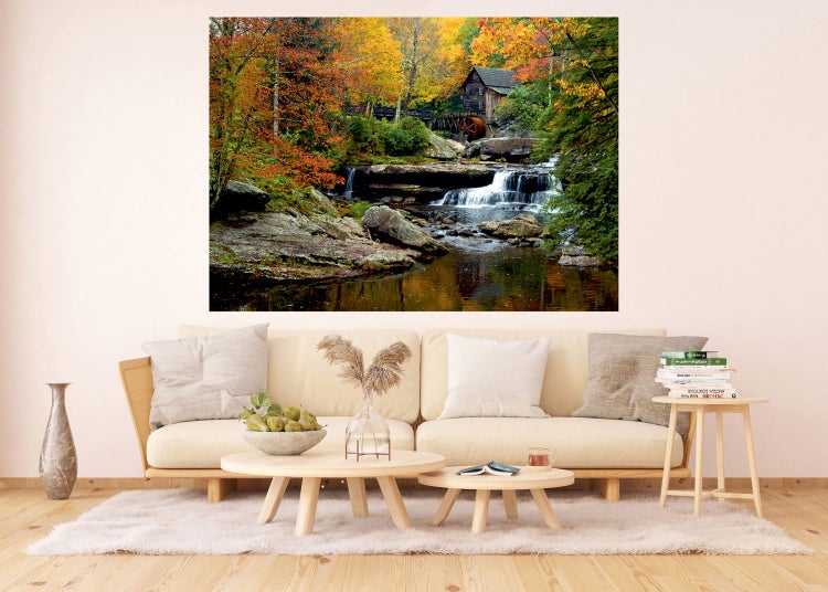 Wandbild mit Herbstlandschaft, Wasserfall und Mühle