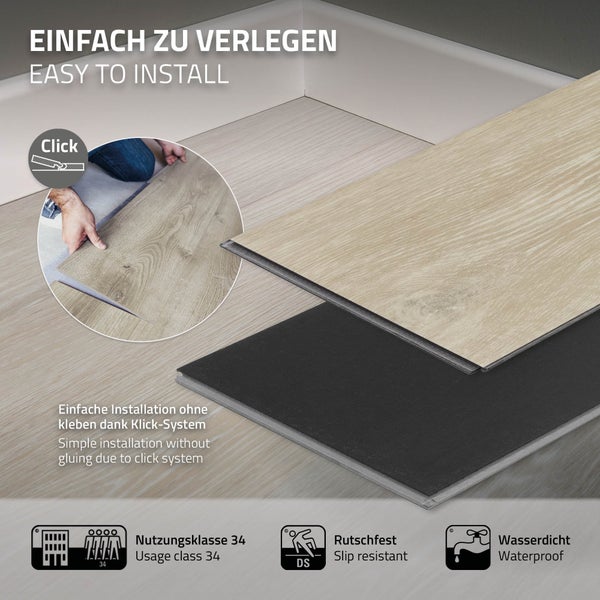 ML-Design Deluxe PVC Bodenbelag, Click Vinyl-Dielen, Vinylboden, 122 cm x 18 cm x 4,2 mm, Dicke 4,2 mm, 1,54m²/7 Dielen, Afterglow Eiche, Braun, Holzoptik, rutschfest, wasserfest, Belastungsklasse 34
