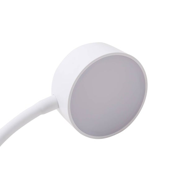 Runder weißer LED-Lampenkopf mit mattem Diffusor und flexiblem Schwanenhals.
