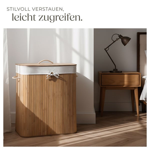 Wäschekorb aus Bambus mit Stoffeinsatz und Deckel in einem Schlafzimmer neben einem Nachttisch mit Tischlampe