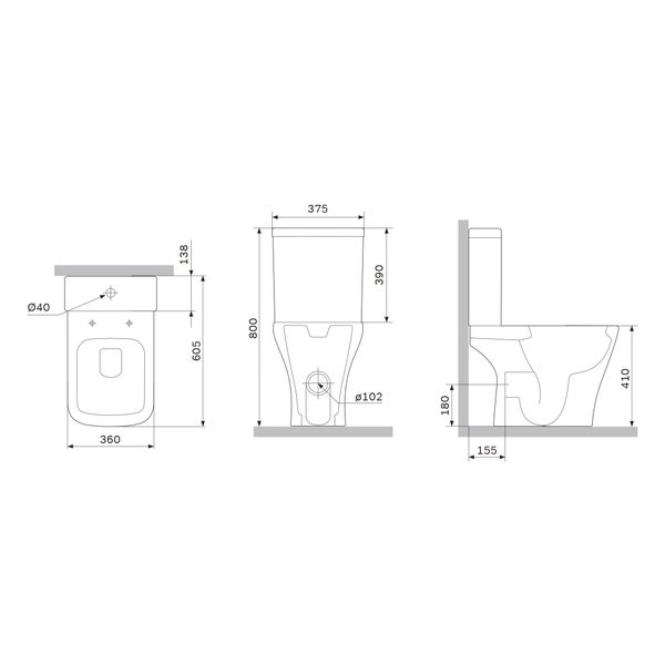 Technische Zeichnung eines Stand-WCs mit Maßen.