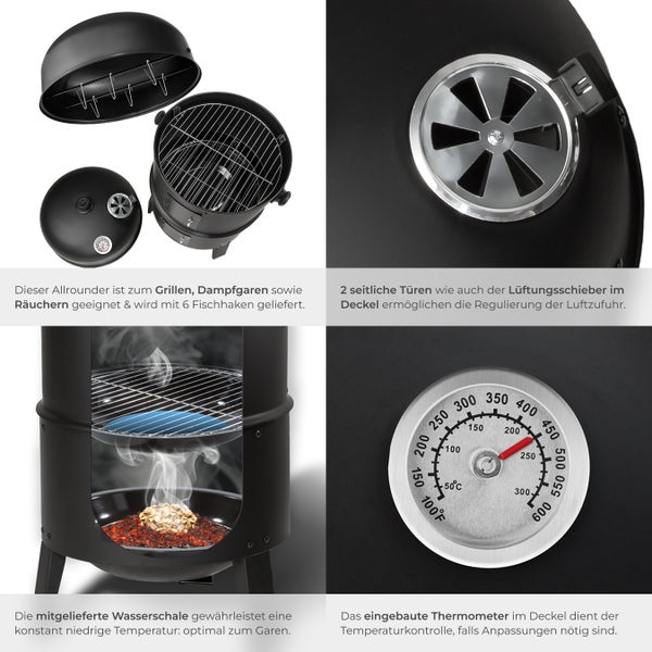 Schwarzer Multifunktionsgrill für Grillen, Dämpfen und Räuchern mit Thermometer