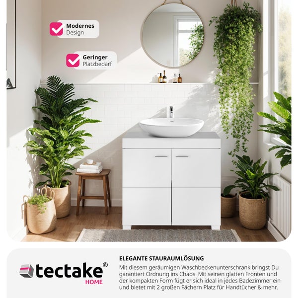 Moderner weißer Waschbeckenunterschrank mit Aufsatzbecken und silbernen Griffen, umgeben von grünen Pflanzen in hellem Bad. tectake Home Logo.