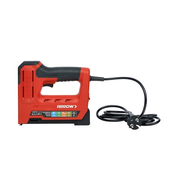 Elektrischer Tacker Arrow in Rot und Schwarz für Klammern und Nägel mit Netzkabel und Kunststoffgehäuse.