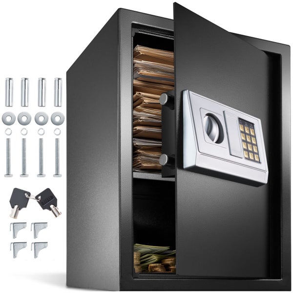 Offener Tresor mit Zubehör, inklusive Dokumenten, Geld und Zahlenschloss