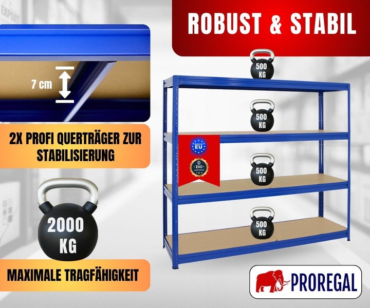 Blaues Schwerlastregal, Holzböden, 7 Zentimeter breite Querträger, 2000 Kilogramm Traglast. Hergestellt in der EU, ISO-zertifiziert. Proregal Logo.