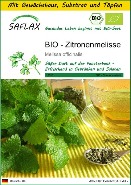 SAFLAX Anzucht Set - BIO - Zitronenmelisse - Melissa officinalis - 1000 Samen - Mit Mini-Gewächshaus, Anzuchtsubstrat und 2 Töpfen