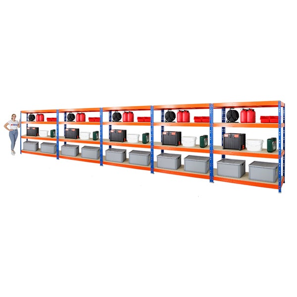 PROREGAL Mega Deal 5x Profi Schwerlastregal Rhino HxBxT 180 x 160 x 60 cm 4 Spanplatten-Ebenen 16mm Fachlast 500 kg Blau-Orange