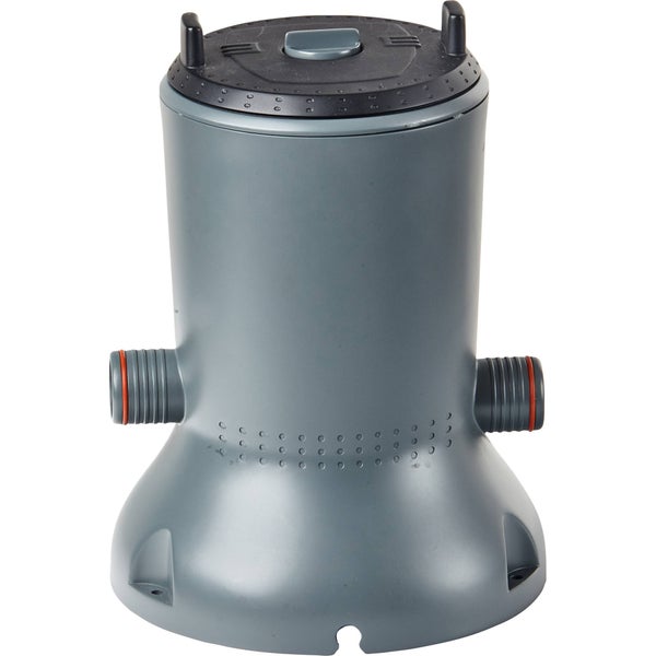 Kartuschenfilteranlage für Pools aus grauem Kunststoff mit zwei seitlichen Anschlüssen und schwarzem Deckel.