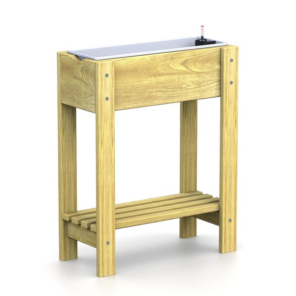 Hochbeet aus hellem Holz mit Kunststoffeinsatz, Wasserstandsanzeige und unterer Ablage.