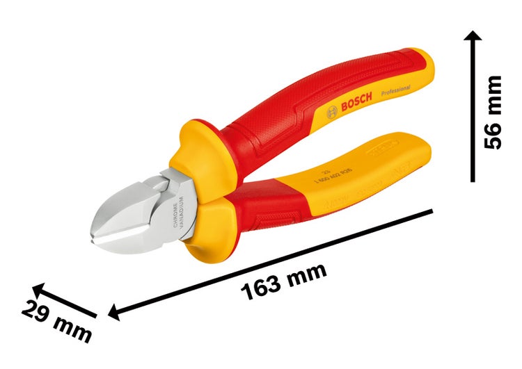 Bosch Professional isolierter Seitenschneider aus Chrom-Vanadium-Stahl mit Abmessungen: Länge 163 Millimeter, Breite 29 Millimeter, Höhe 56 Millimeter.