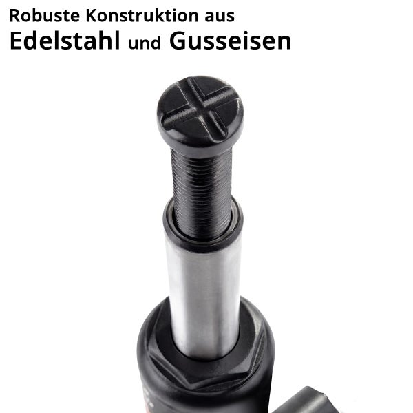 Robuste Konstruktion aus Edelstahl und Gusseisen eines hydraulischen Wagenhebers.