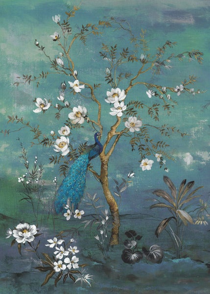 Dekoratives Wandbild mit Pfau in blühendem Baum