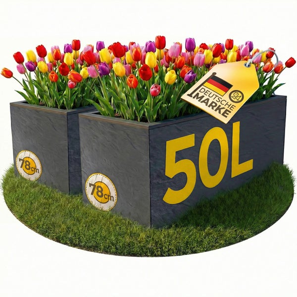 Zwei Blumenkübel aus Stein mit bunten Tulpen, Größenangaben und Deutsche Marke Siegel