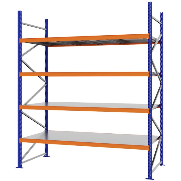 Schwerlastregal aus Metall mit vier Ebenen, blauen Rahmen und orangefarbenen Traversen.