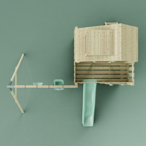 Ansicht von oben eines Spielhauses mit Rutsche und Schaukel aus Holz.
