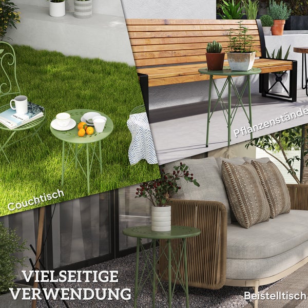 Vielseitiger runder Beistelltisch aus Metall für den Außenbereich, dargestellt als Couchtisch, Pflanzenständer und Beistelltisch im Garten.