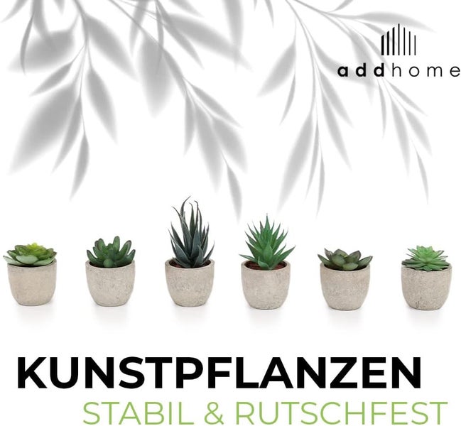 Sechs verschiedene künstliche Sukkulenten in grauen Töpfen, stabil und rutschfest, addhome Logo.