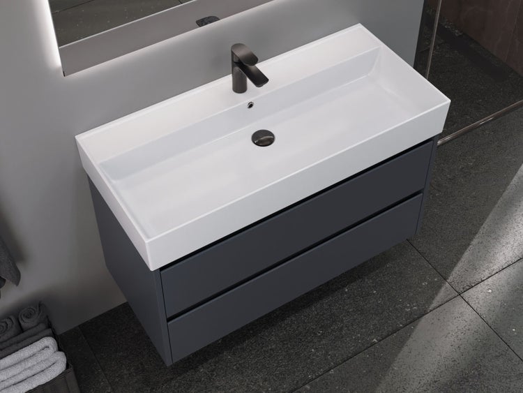 Aqua Bagno Basic Plan Waschbecken 10.16.30.07.02 – 100 x 45 cm – Weiß Hochglanz – Keramikbecken mit Hahnloch & Überlauf