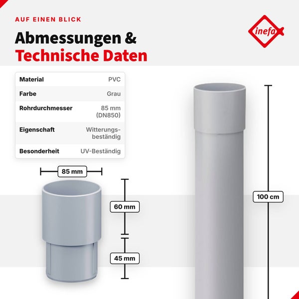 Technische Zeichnung eines inefa PVC Fallrohrs mit Abmessungen von 85 Millimeter Durchmesser und 100 Zentimeter Länge.