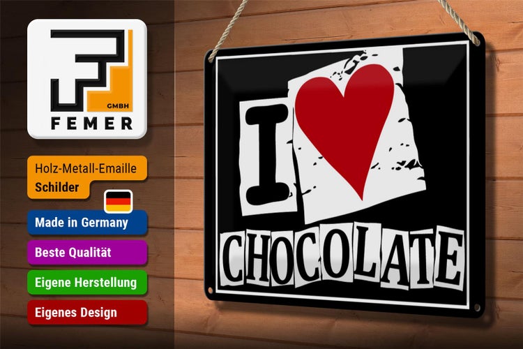 Blechschild Spruch 30x20cm I Love Chocolate (Herz)