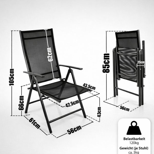 Klappstuhl mit Maßangaben und technischer Information zur Belastbarkeit von 120 Kilogramm sowie einem Gewicht von circa 3 Kilogramm.