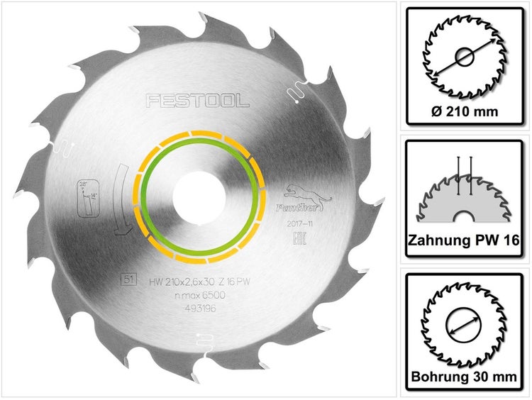 Festool Panther Kreissägeblatt PW16 Holz 210 x 2,6 x 30 mm 210 mm 16 Zähne ( 493196 ) TS