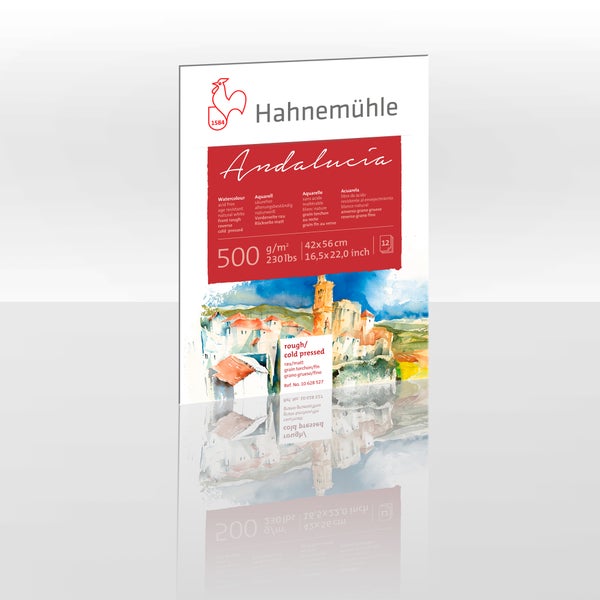 Hahnemühle Andalucia Aquarellblock, 500 Gramm pro Quadratmeter, 42 mal 56 Zentimeter, 12 Blatt, rau und matt.