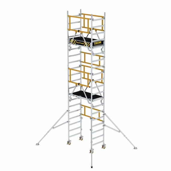 MUNK FlexxTower Fahrgerüst aus Aluminium mit zwei Plattformen, Geländer, Auslegern und Lenkrollen.